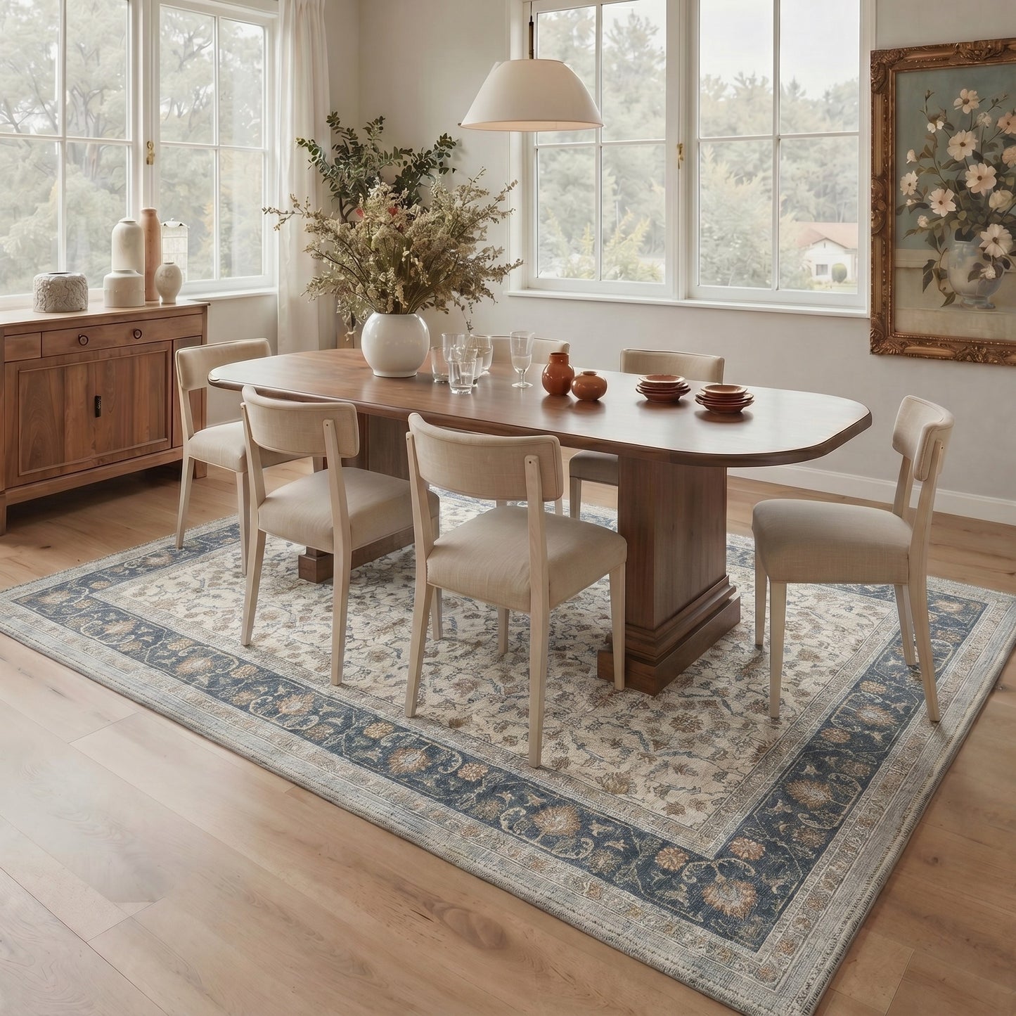 KUETH 8X10 Machine Washable Area Rug, Low Pile Non-Slip Backing Carpet for Living Room and Bedroom, Pet-Friendly Vintage Floral Medallion Rug, Blue