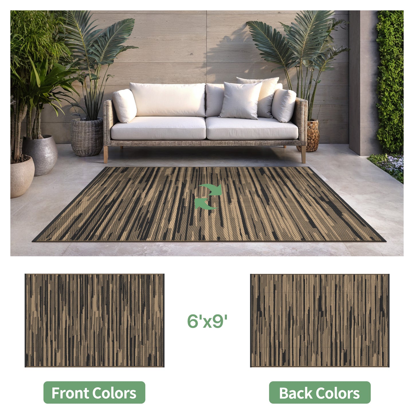 KUETH 6' x 9' Outdoor Rug Plastic Foldable Waterproof Reversible Camping Mat Patio Yard Carpet,BLACK&BROWN