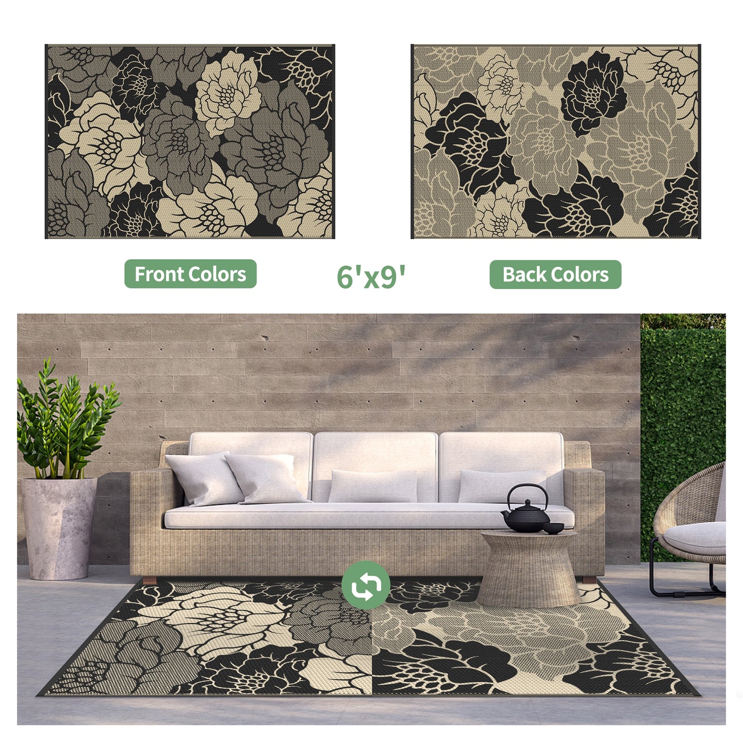 KUETH 6'x 9' Outdoor Rug Plastic Waterproof Outside Foldable Flower Mat UV Resistant Patio RV Deck Carpet,BLACK BEIGE