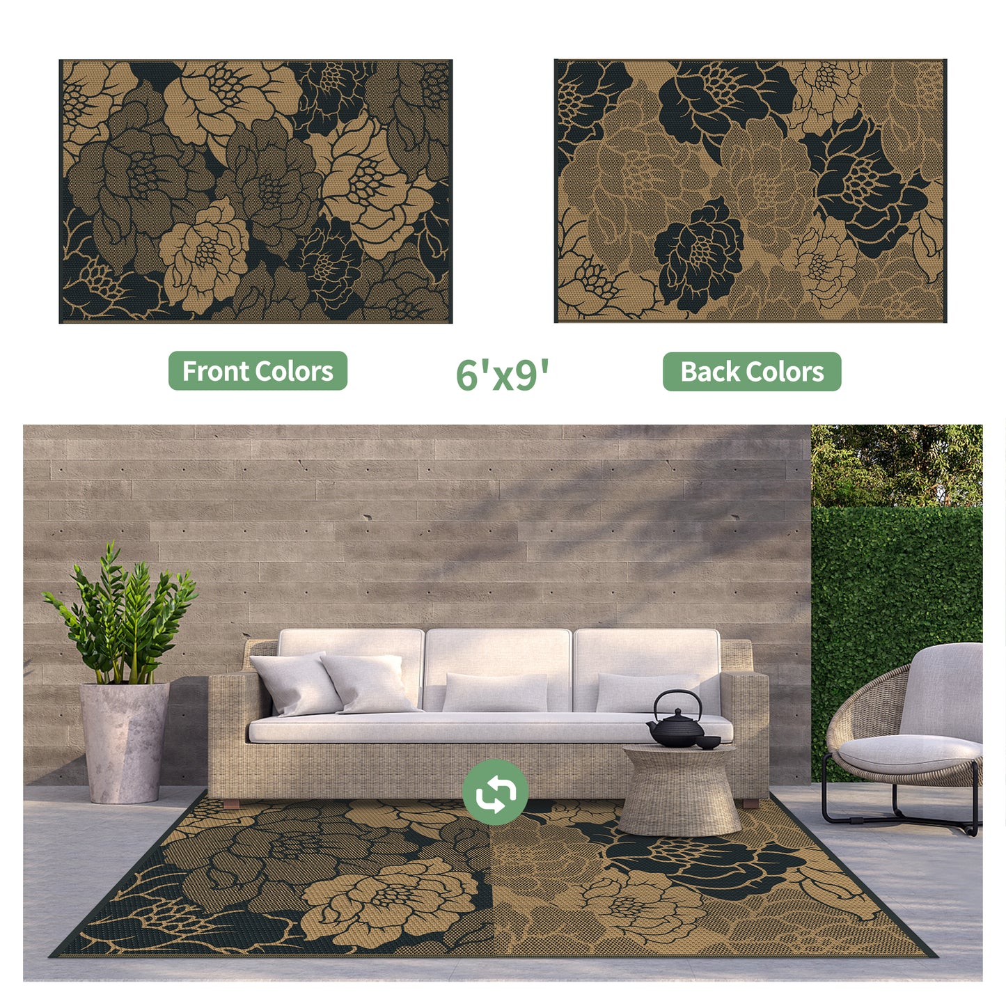 KUETH 6'x 9' Outdoor Rug Plastic Waterproof Outside Foldable Mat UV Resistant Patio RV Deck Carpet,Black Brown