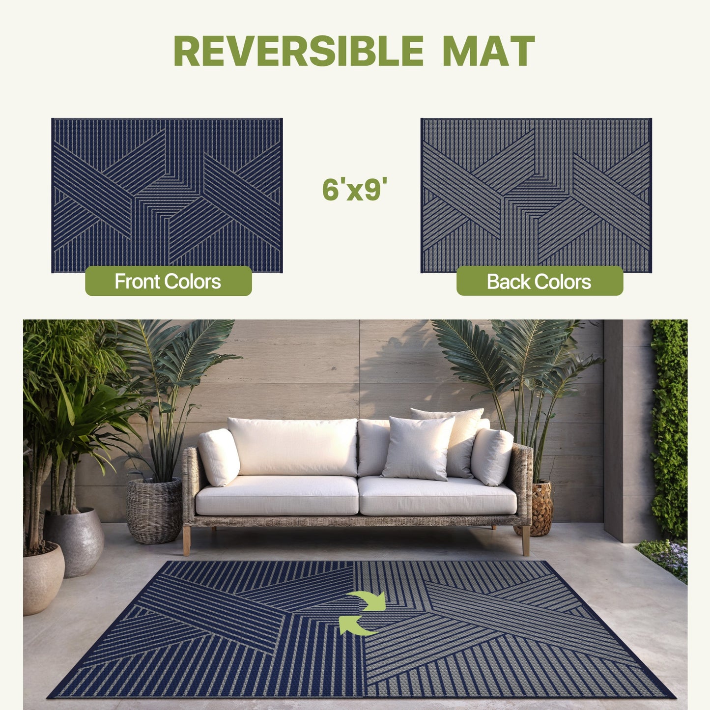 KUETH 6'x 9' Outdoor Rug Plastic Foldable Waterproof Outside Carpet UV Resistant Geometric Patio RV Deck Mat,BLUE GREY