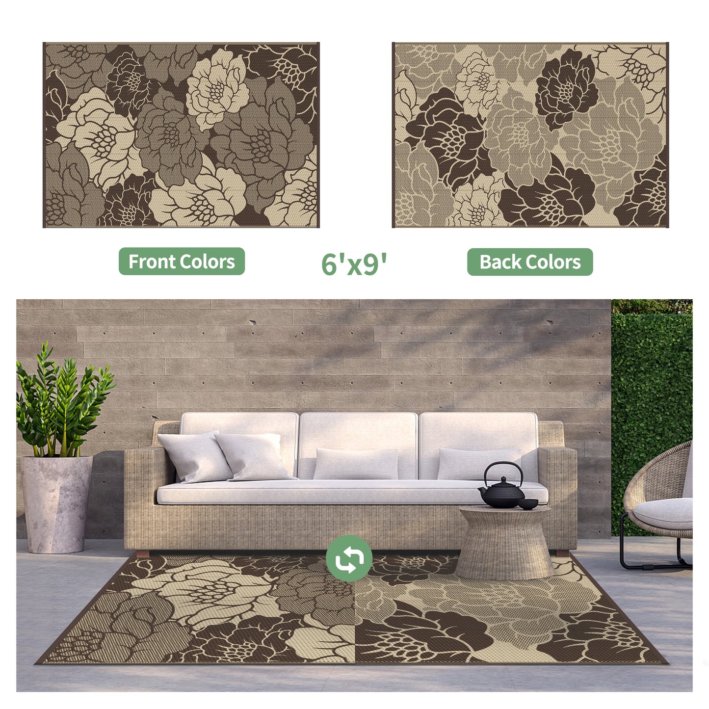 KUETH 6'x 9' Outdoor Rug Plastic Waterproof Outside Foldable Flower Mat UV Resistant Patio RV Deck Carpet,COFFEE BEIGE