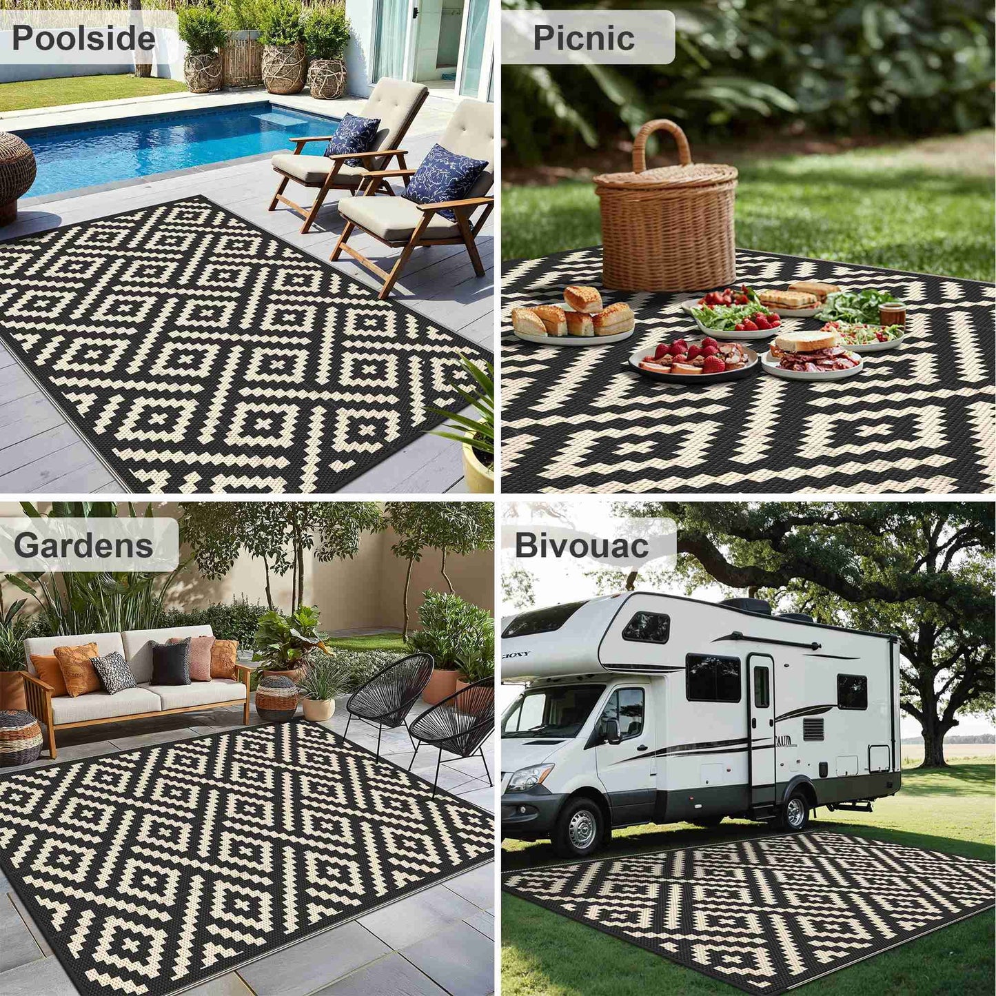 KUETH 6'x 9'Outdoor Waterproof Rug Camping Mat Patio Geometric Carpet,Black & Beige