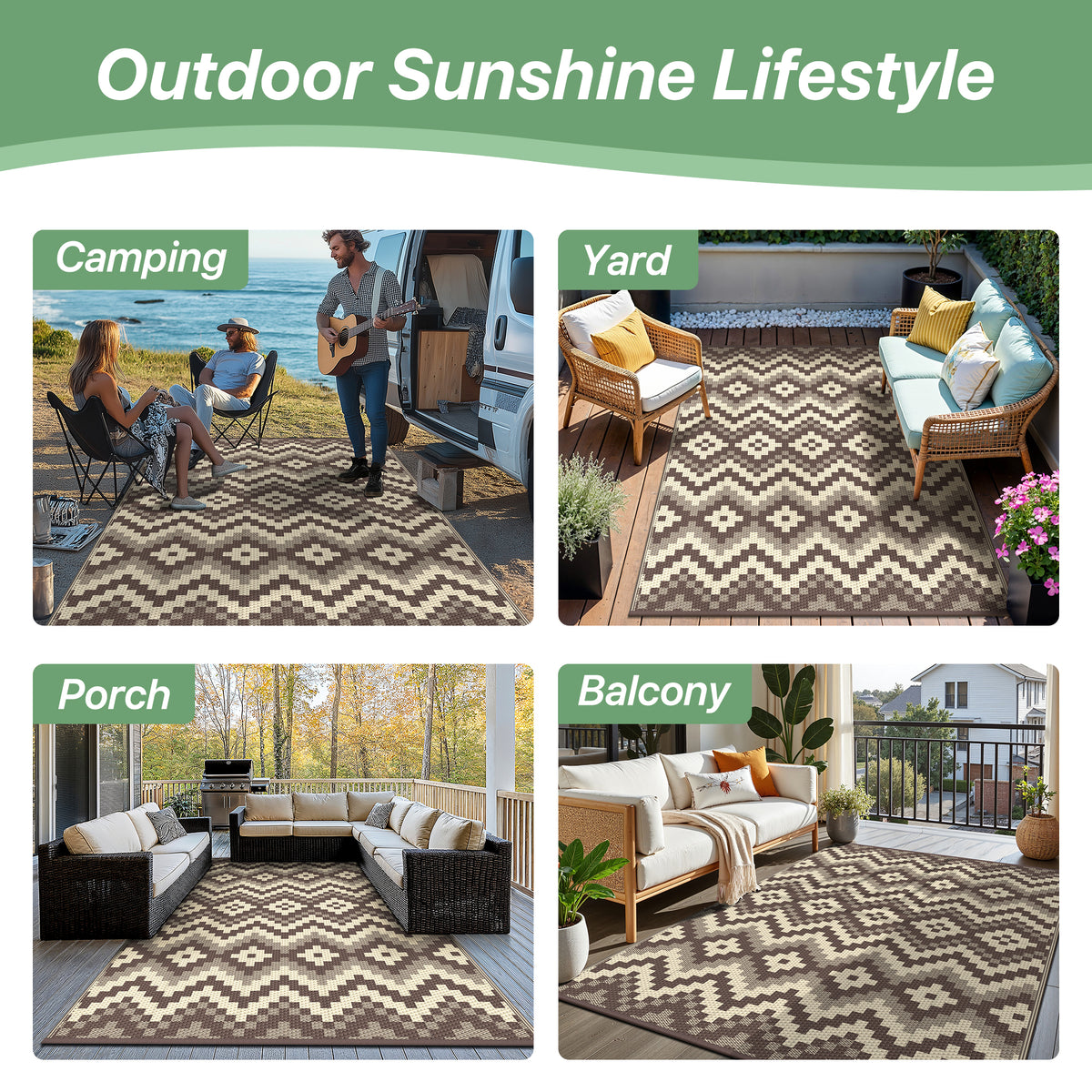 KUETH 5' x 8' Outdoor Rug Waterproof Camping Patio Rug Boho Geometric Reversible Outdoor Plastic Carpet for RV Blcony Picnic Porch,COFFEE&BEIGE