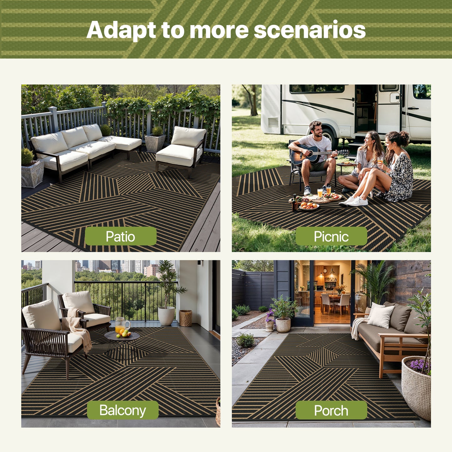 KUETH 9'x 12' Outdoor Rug Plastic Foldable Waterproof Outside Carpet UV Resistant Geometric Patio RV Deck Mat,Black Brown