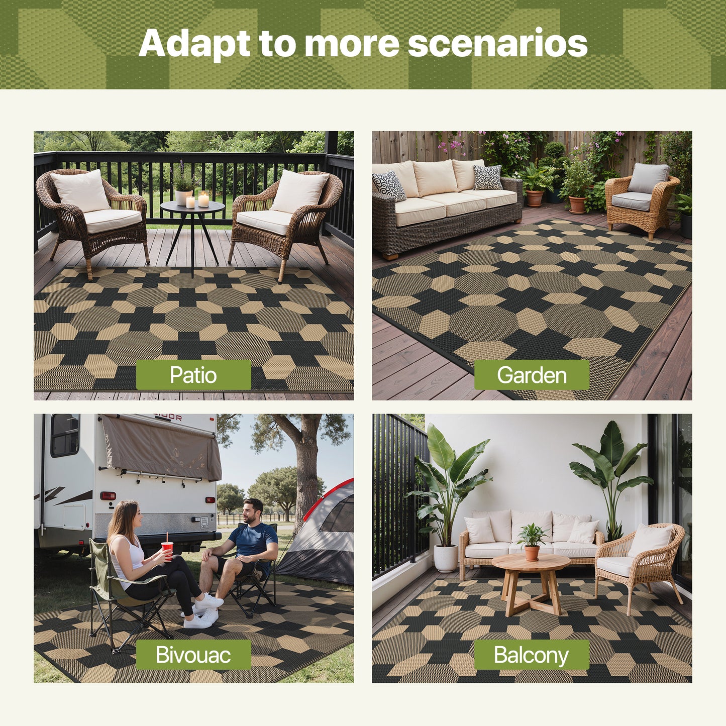 KUETH 6'x 9' Reversible Outdoor Patio Rug Waterproof UV Resistant Foldable Plastic Camping Carpet for RV Deck Pool Yard Balcony