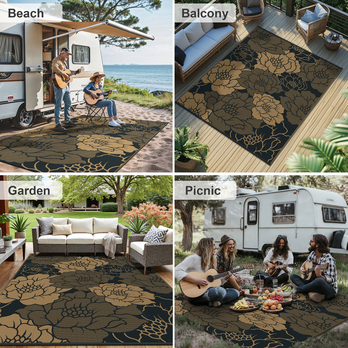 KUETH 6'x 9' Outdoor Rug Plastic Waterproof Outside Foldable Mat UV Resistant Patio RV Deck Carpet,Black Brown