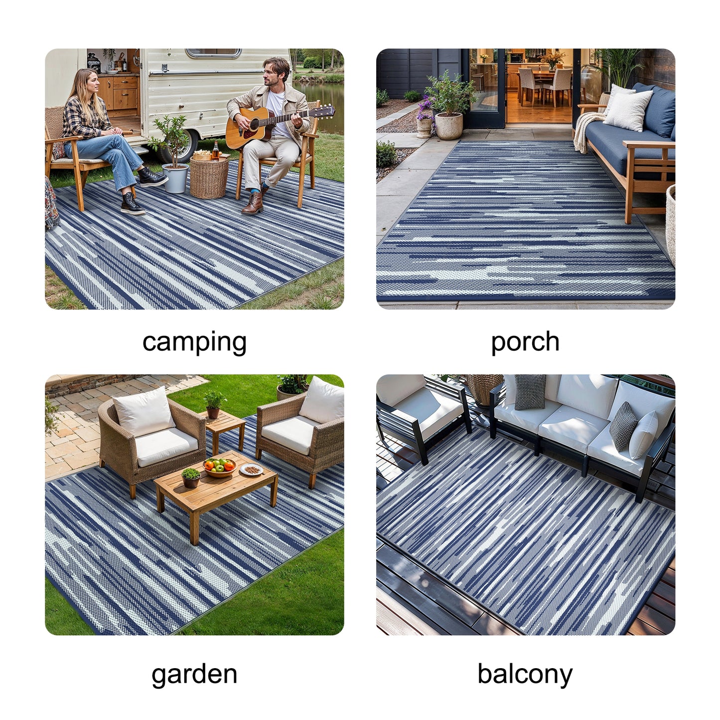 KUETH 5' x 8' Outdoor Waterproof Reversible Rug Camping Mat Abstract Patio Yard Carpet,BLUE&WHITE