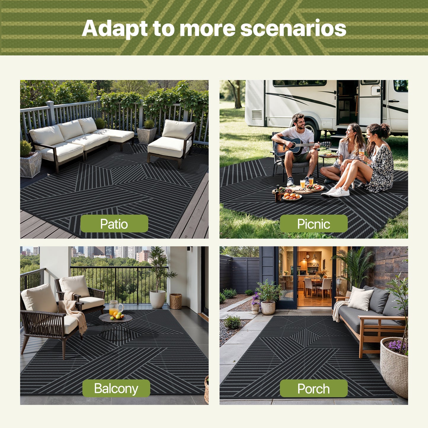 KUETH 8'x 10' Outdoor Rug Plastic Foldable Waterproof Outside Carpet UV Resistant Geometric Patio RV Deck Mat,BLACK GREY
