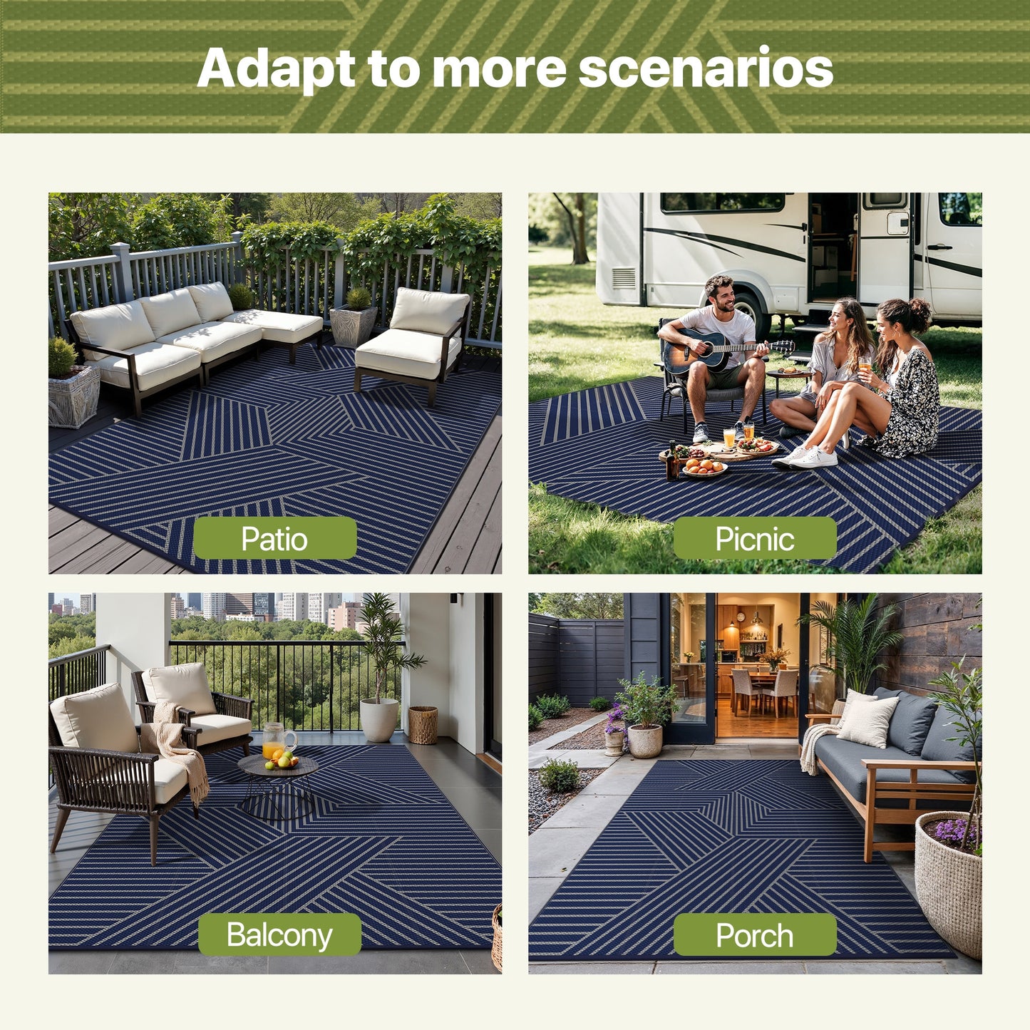 KUETH 8'x 10' Outdoor Rug Plastic Foldable Waterproof Outside Carpet UV Resistant Geometric Patio RV Deck Mat,BLUE GREY