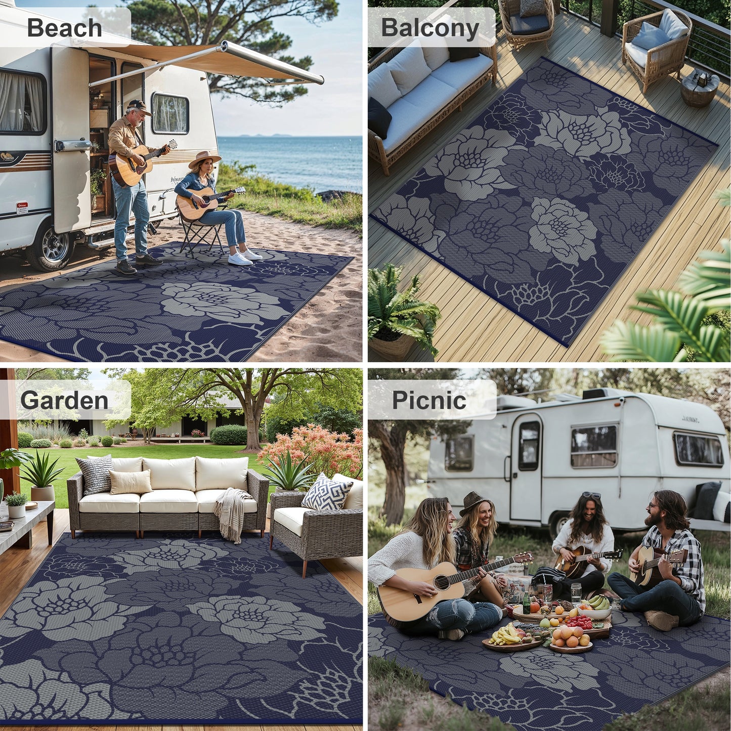 KUETH 5'x 8' Outdoor Rug Plastic Waterproof Outside Foldable Flower Mat UV Resistant Patio RV Deck Carpet,BLUE GREY