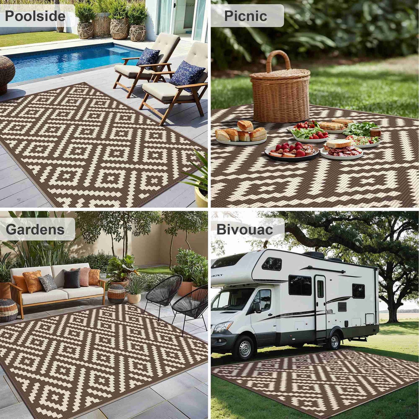 KUETH 6' x 9' Outdoor Waterproof Rug Camping Mat Patio Geometric Carpet,COFFEE&BEIGE