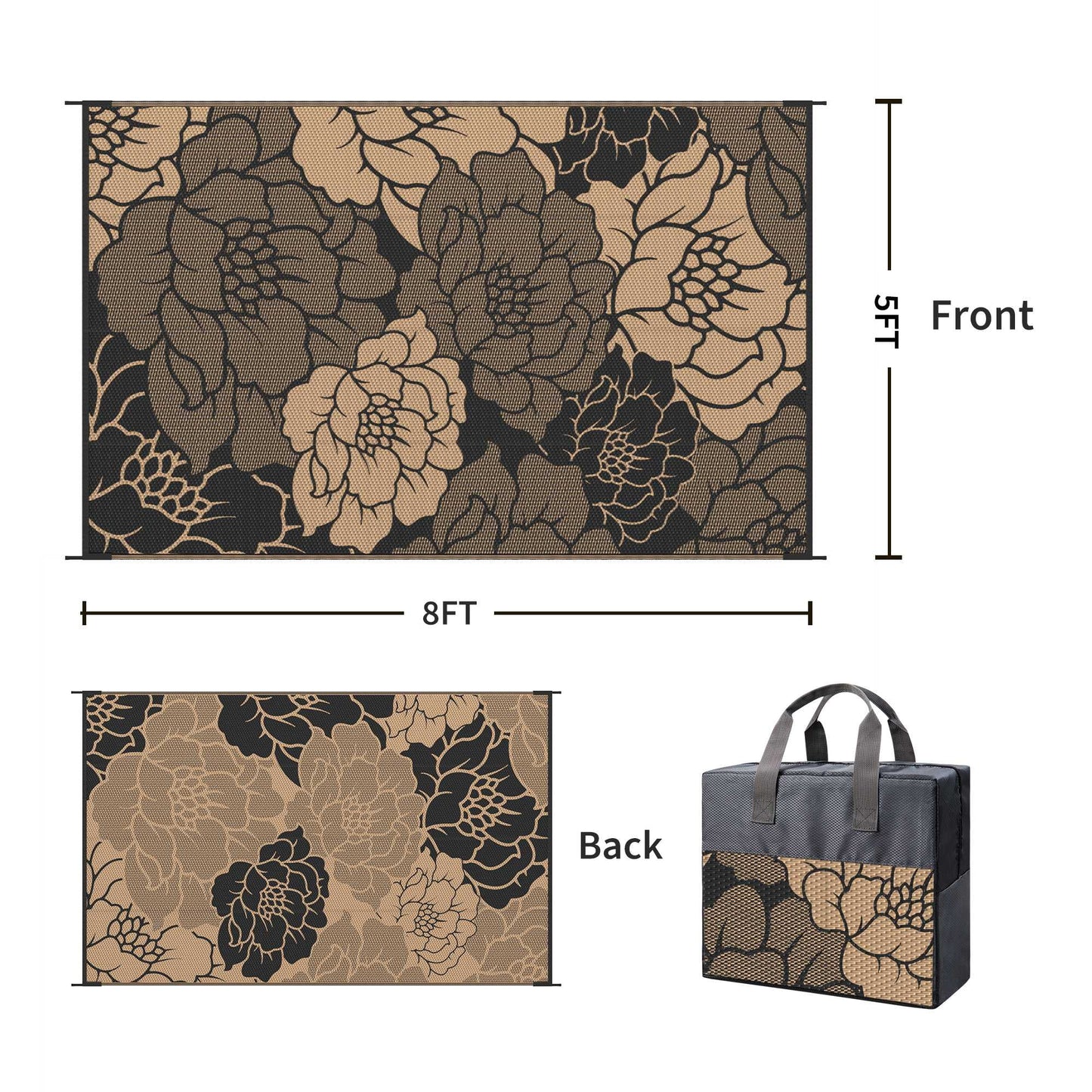 KUETH 5'x 8' Outdoor Rug Plastic Waterproof Outside Foldable Flower Mat UV Resistant Patio RV Deck Carpet,Black Brown
