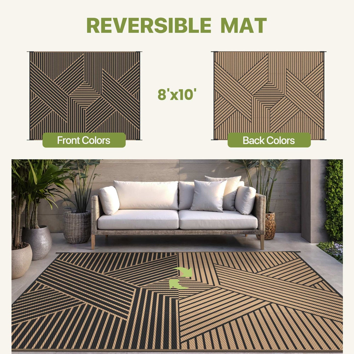 KUETH 8'x 10' Outdoor Rug Plastic Foldable Waterproof Outside Carpet UV Resistant Geometric Patio RV Deck Mat,Black Brown