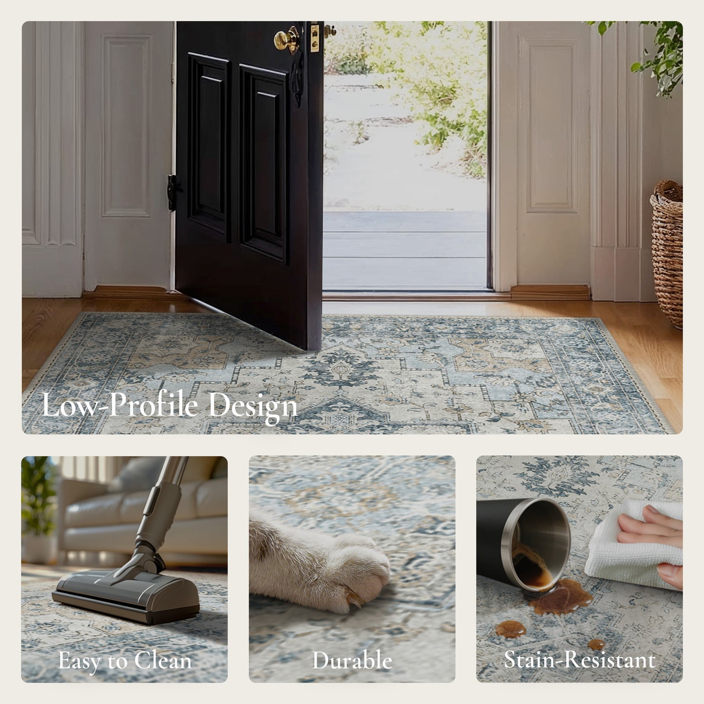 KUETH Modern 8x10 Area Rugs for Living Room, Non Slip Machine Washable Retro Rugs, Low Pile Chenille Print Rug for Bedroom, Dining Room, Home Office, Blue