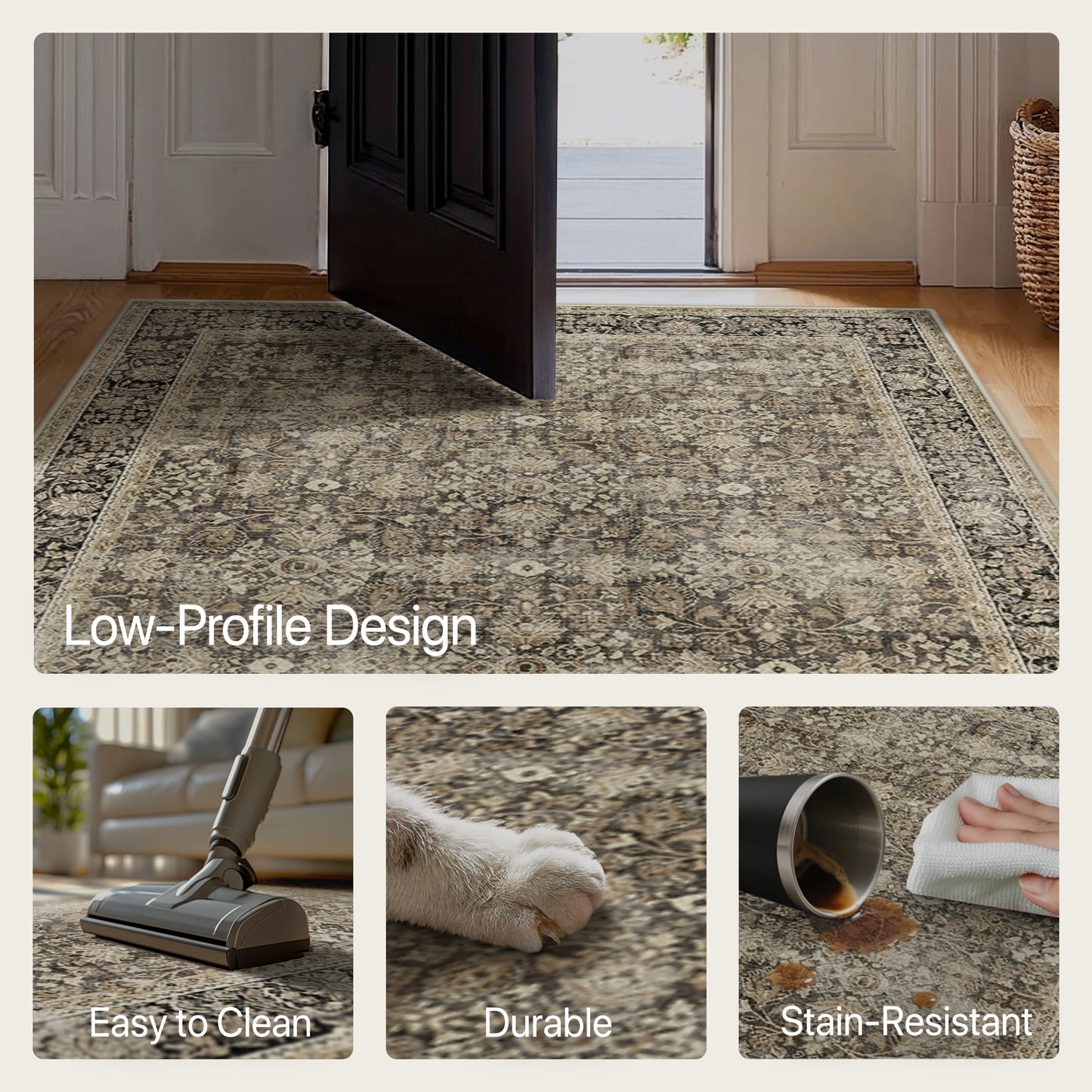 KUETH Modern 8x10 Area Rugs for Living Room, Non Slip Machine Washable Retro Rugs, Low Pile Chenille Print Rug for Bedroom, Dining Room, Home Office