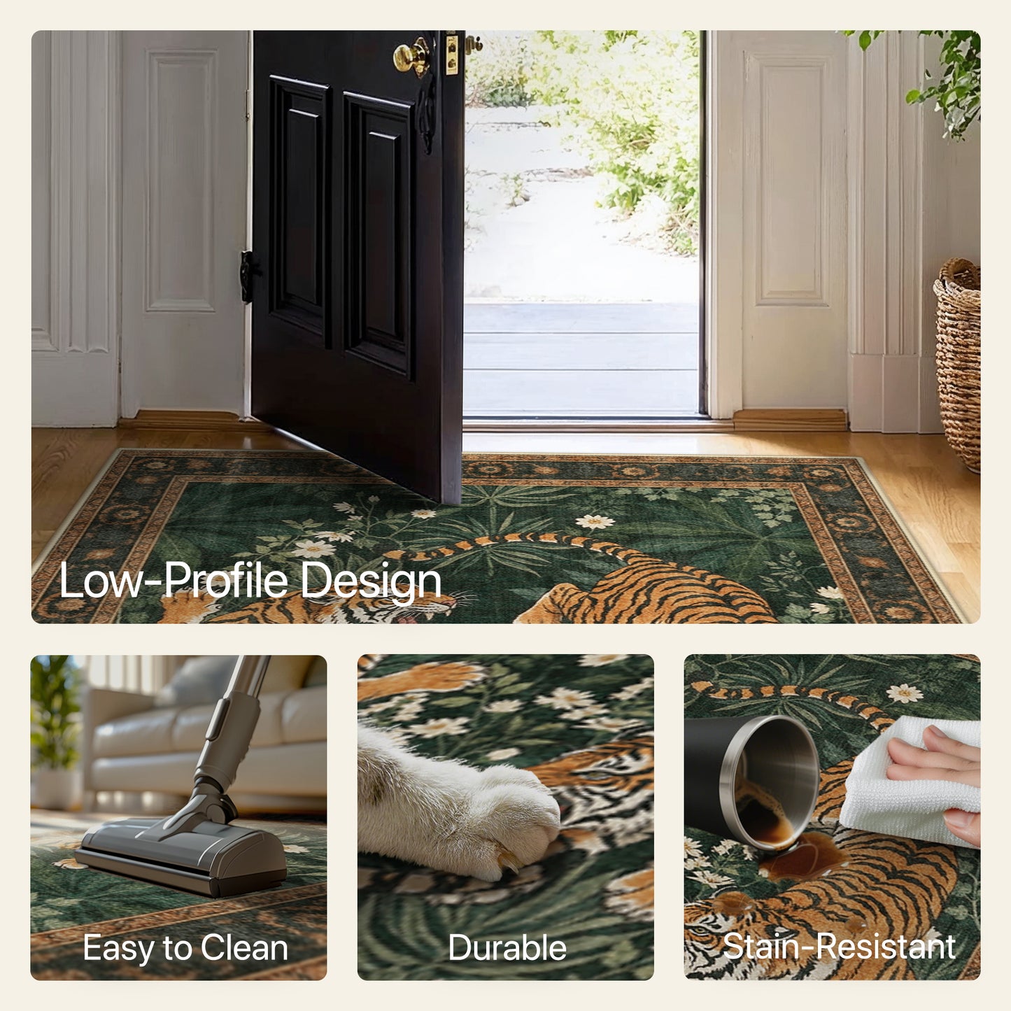 KUETH 5'x7' Tiger Area Rugs for Living Room, Non Slip Machine Washable Vintage Boho Rug, Low Pile Print Rug for Bedroom Dining Room Home Office