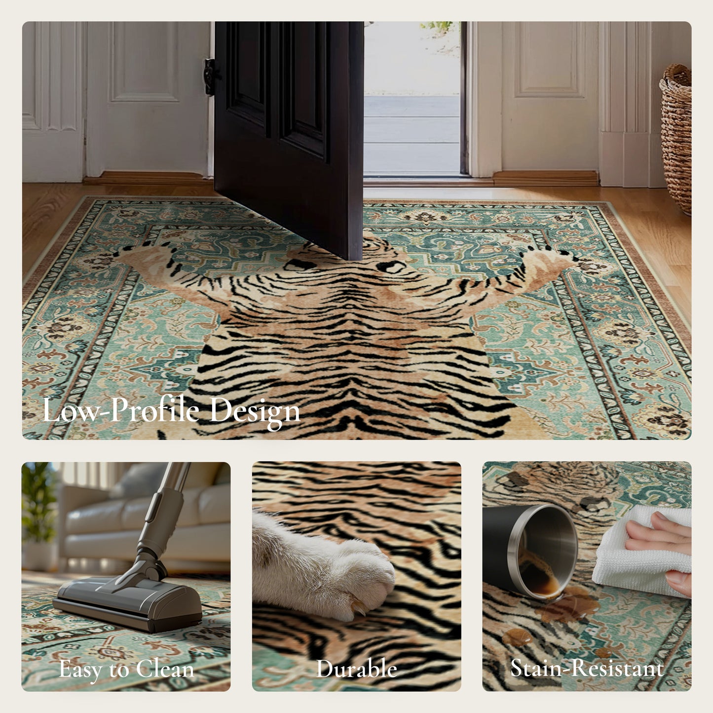 KUETH 5'x7' Tiger Area Rugs for Living Room, Non Slip Machine Washable Vintage Boho Rug, Low Pile Print Rug for Bedroom Dining Room Home Office