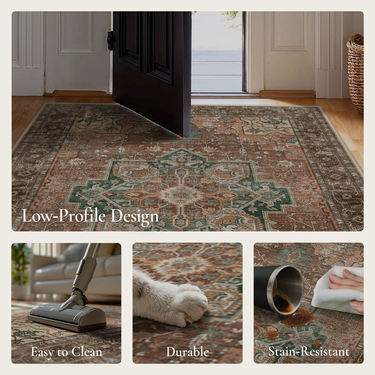 KUETH Modern 8x10 Area Rugs for Living Room, Non Slip Machine Washable Retro Rugs, Low Pile Chenille Print Rug for Bedroom, Dining Room, Home Office