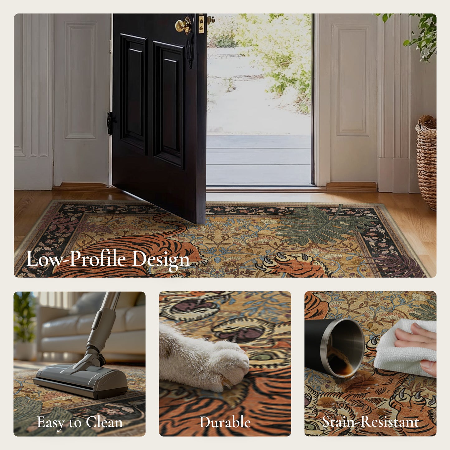 KUETH 8'x10' Tiger Area Rugs for Living Room, Non Slip Machine Washable Vintage Boho Rug, Low Pile Print Rug for Bedroom Dining Room Home Office