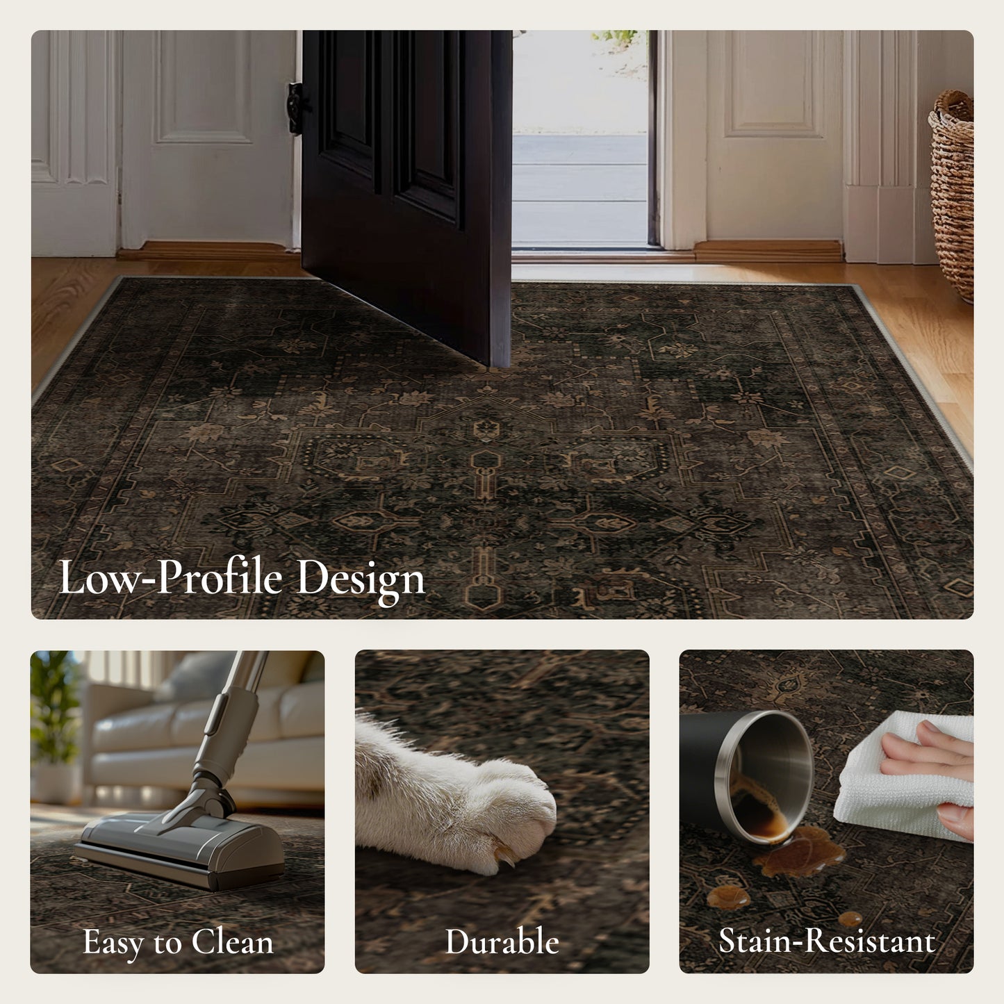 KUETH Modern 8x10 Area Rugs for Living Room, Non Slip Machine Washable Retro Rugs, Low Pile Chenille Print Rug for Bedroom, Dining Room, Home Office, Charcoal Brown