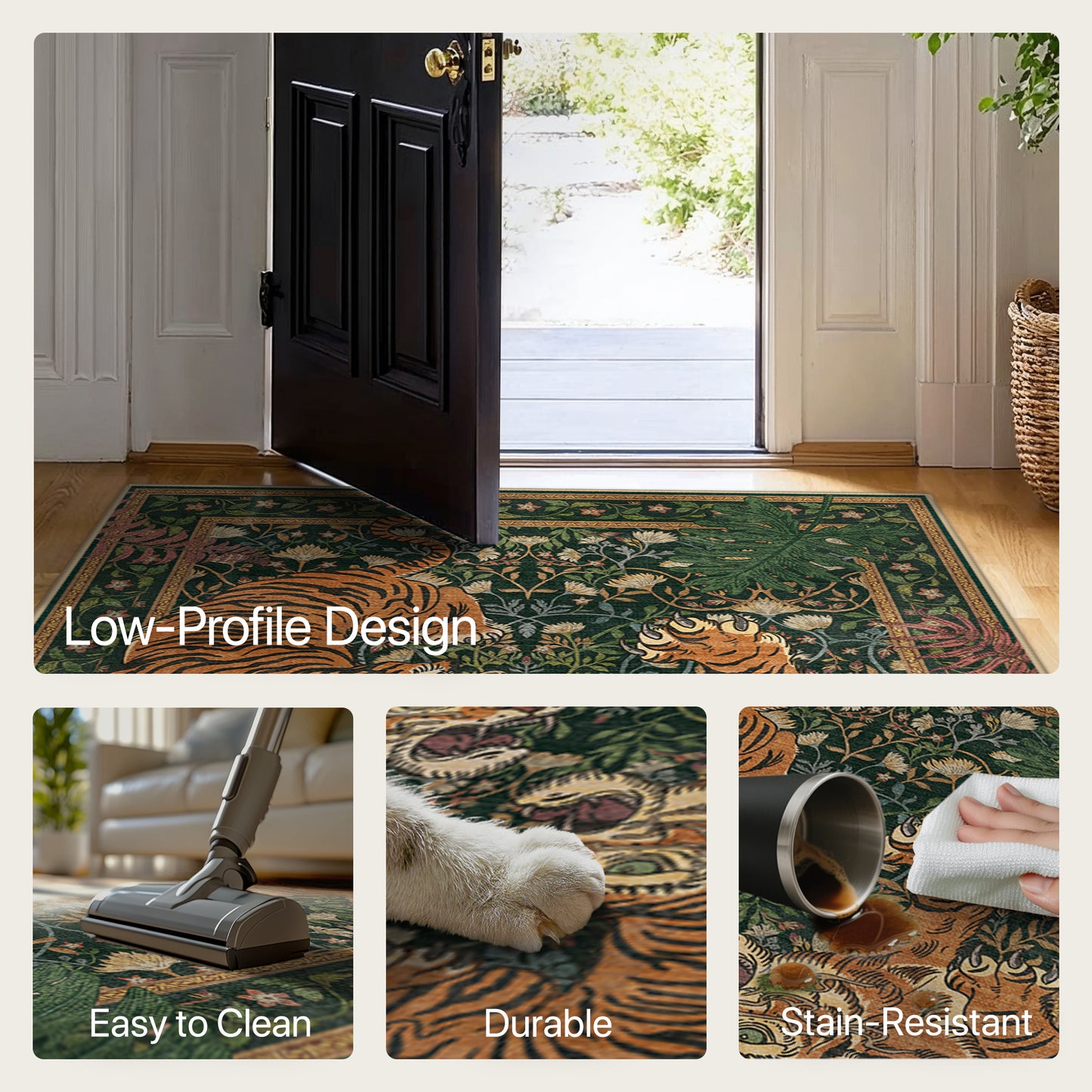 KUETH 5'x7' Tiger Area Rugs for Living Room, Non Slip Machine Washable Vintage Boho Rug, Low Pile Print Rug for Bedroom Dining Room Home Office