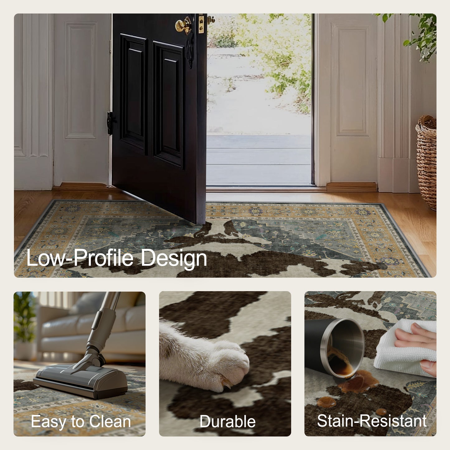 KUETH 5'x7' Cow Area Rugs for Living Room, Non Slip Machine Washable Vintage Boho Rug, Low Pile Print Rug for Bedroom Dining Room Home Office