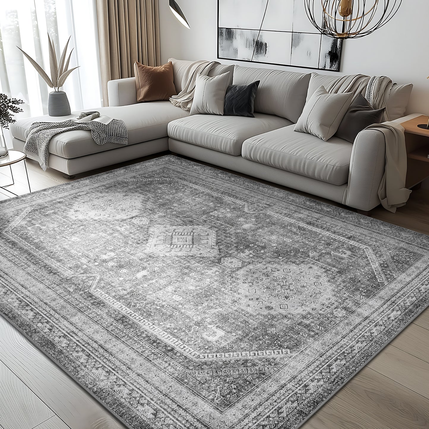 KUETH Area Rug Living Room Clearance, Non Slip Indoor Vogue Area Rugs, Low Pile Chenille Large Print Mat for Bedroom Dining Room Home Office and Hall, Gray