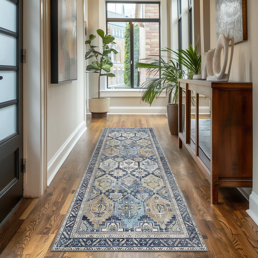 Area Rug for Living Room Machine Washable Rugs with Non-slips Brown Blue