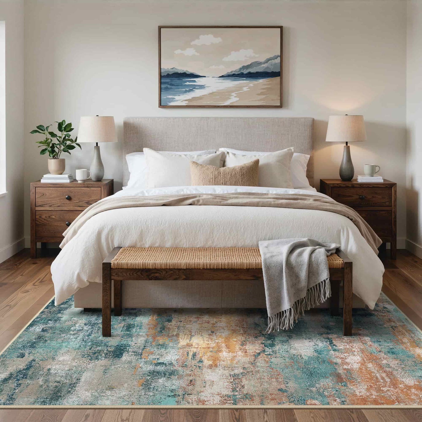 KUETH 5×7 Area Rug Washable for Living Room, Large Teal Blue Print Pattern Modern Abstract Soft Non Slip Low Pile Indoor Rug, Bedroom, Dinning Room