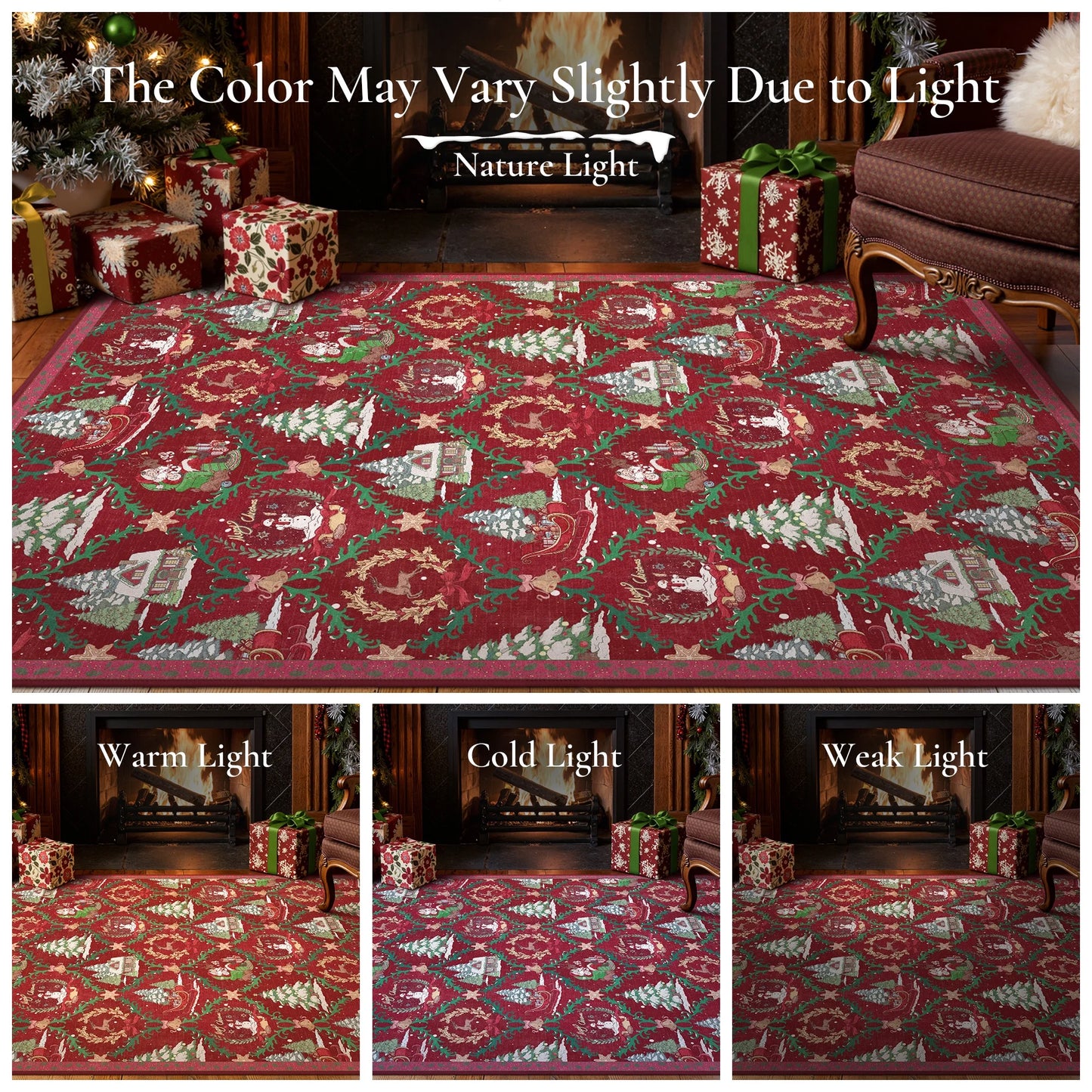 KUETH Christmas Area Rugs 5x7 Machine Washable Non Slip Red Rugs for Living Room Bedroom Home Decor