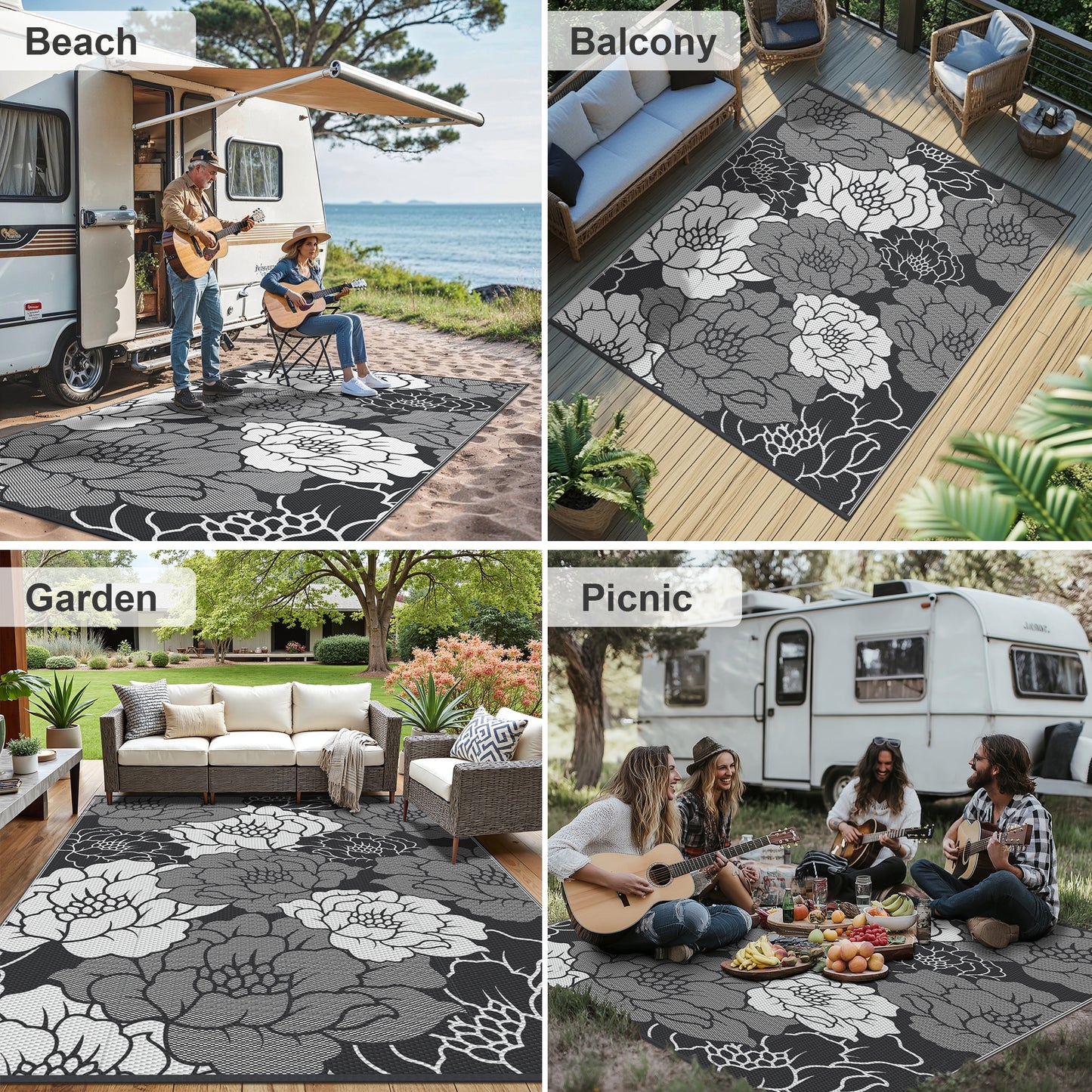 KUETH 5'x 8' Outdoor Rug Plastic Waterproof Outside Foldable Mat UV Resistant Patio RV Deck Carpet,Black White