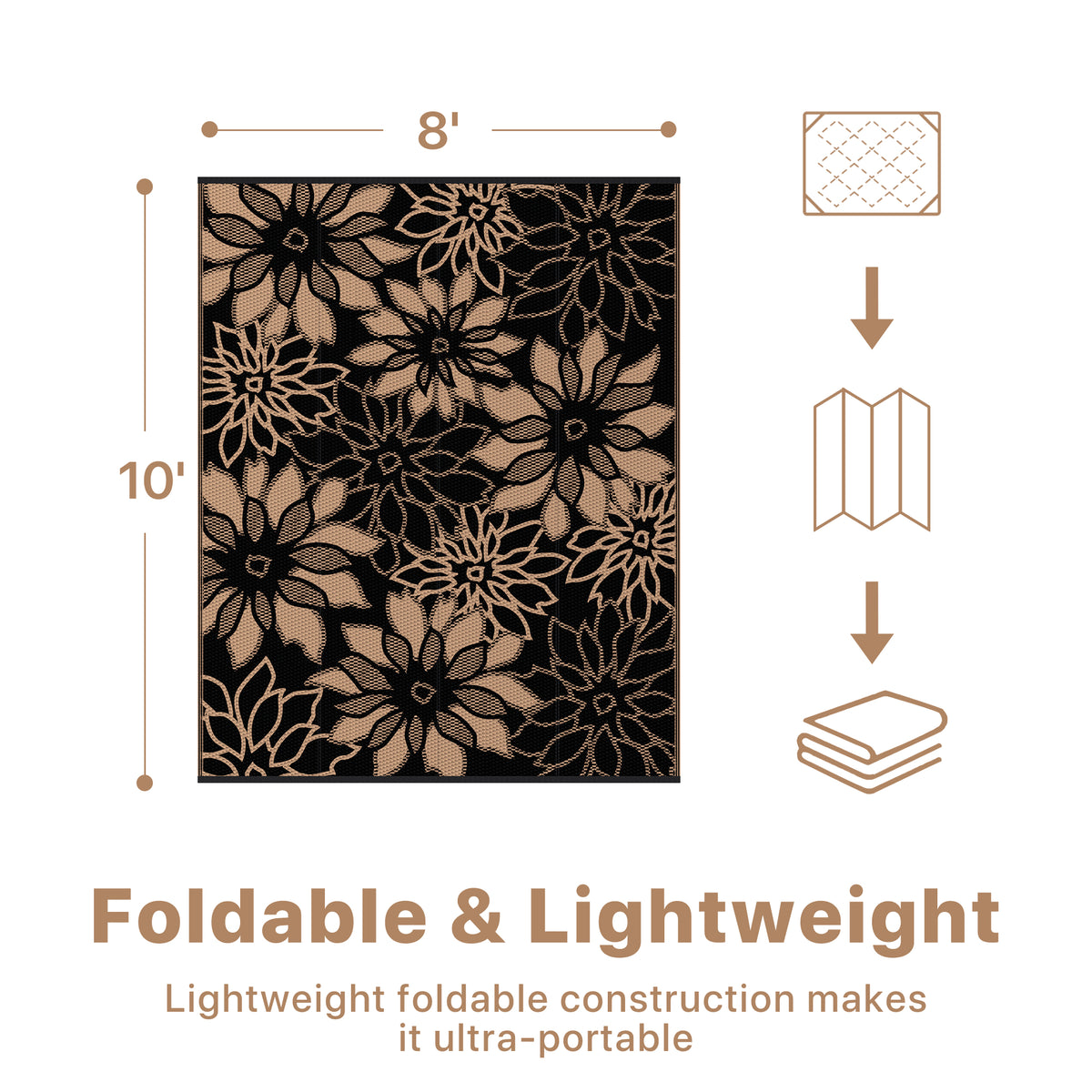 KUETH 8'x10' Outdoor Rug Waterproof Plastic Reversible Floral Patio Camping Outside Carpet,Black Brown