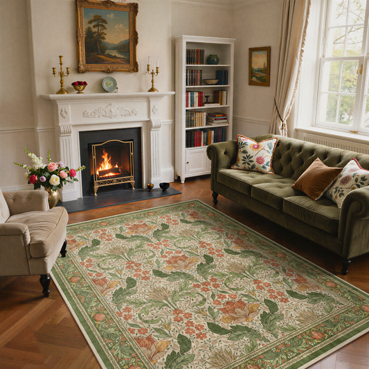 KUETH 8'x10' Area Rugs for Living Room, Thin Non Slip Machine Washable Vintage Floral Indoor Rug, Flat Pile Chenille Print Rug for Bedroom Dining Room Home Office