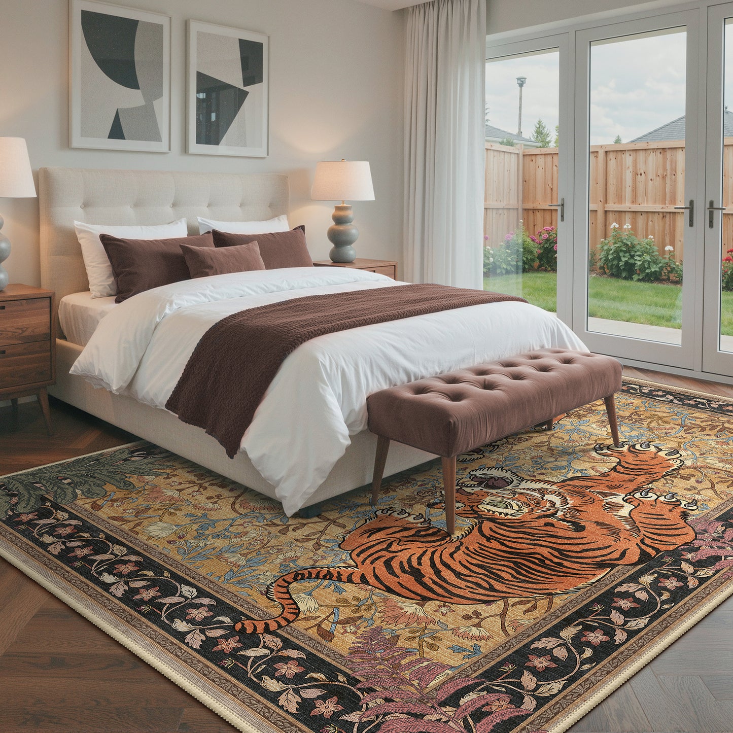 KUETH 8'x10' Tiger Area Rugs for Living Room, Non Slip Machine Washable Vintage Boho Rug, Low Pile Print Rug for Bedroom Dining Room Home Office