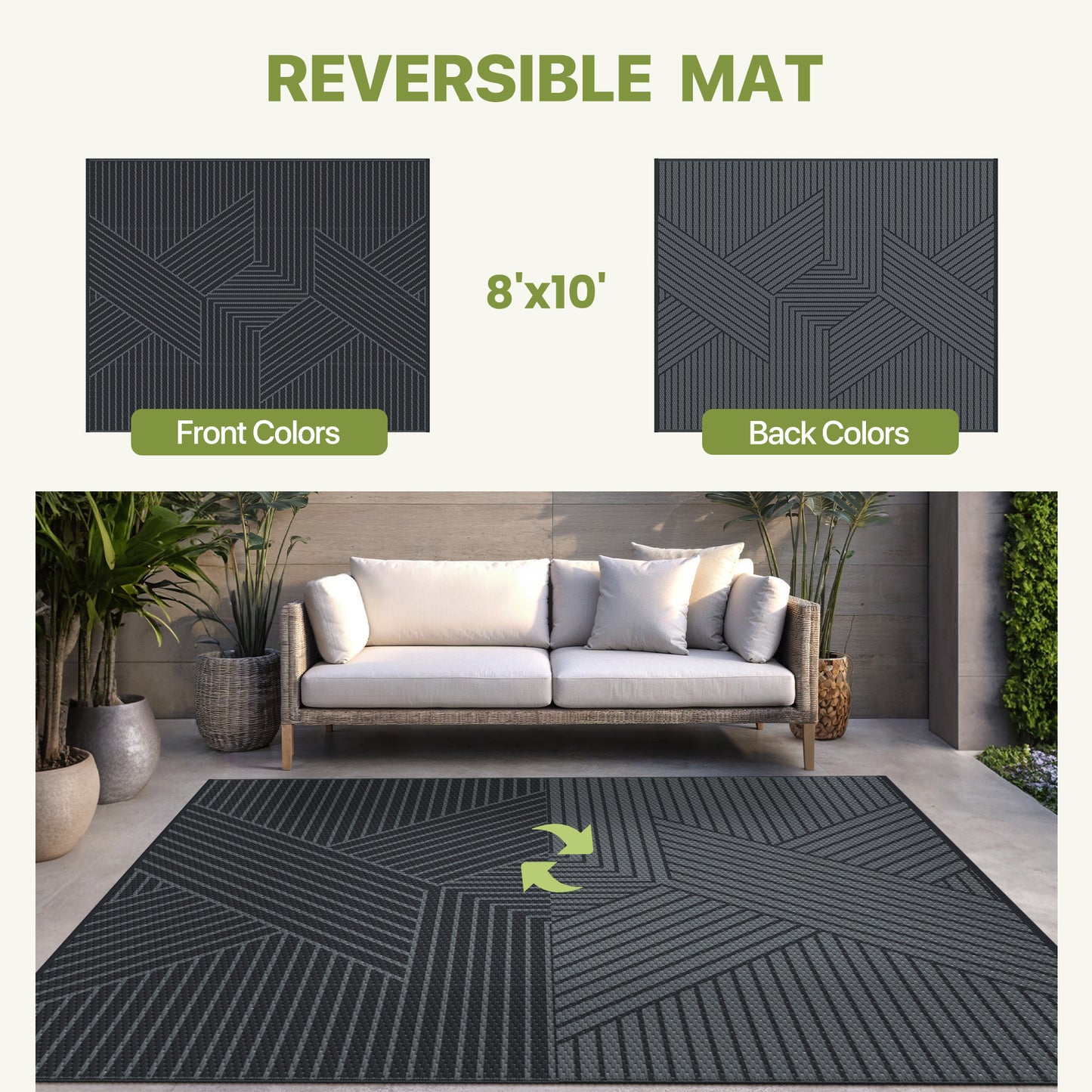 KUETH 8'x 10' Outdoor Rug Plastic Foldable Waterproof Outside Carpet UV Resistant Geometric Patio RV Deck Mat,BLACK GREY