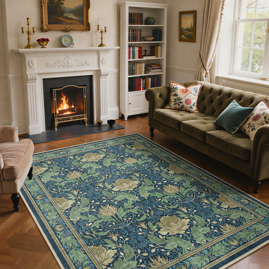 KUETH 8'x10' Area Rugs for Living Room, Thin Non Slip Machine Washable Vintage Floral Indoor Rug, Flat Pile Chenille Print Rug for Bedroom Dining Room Home Office