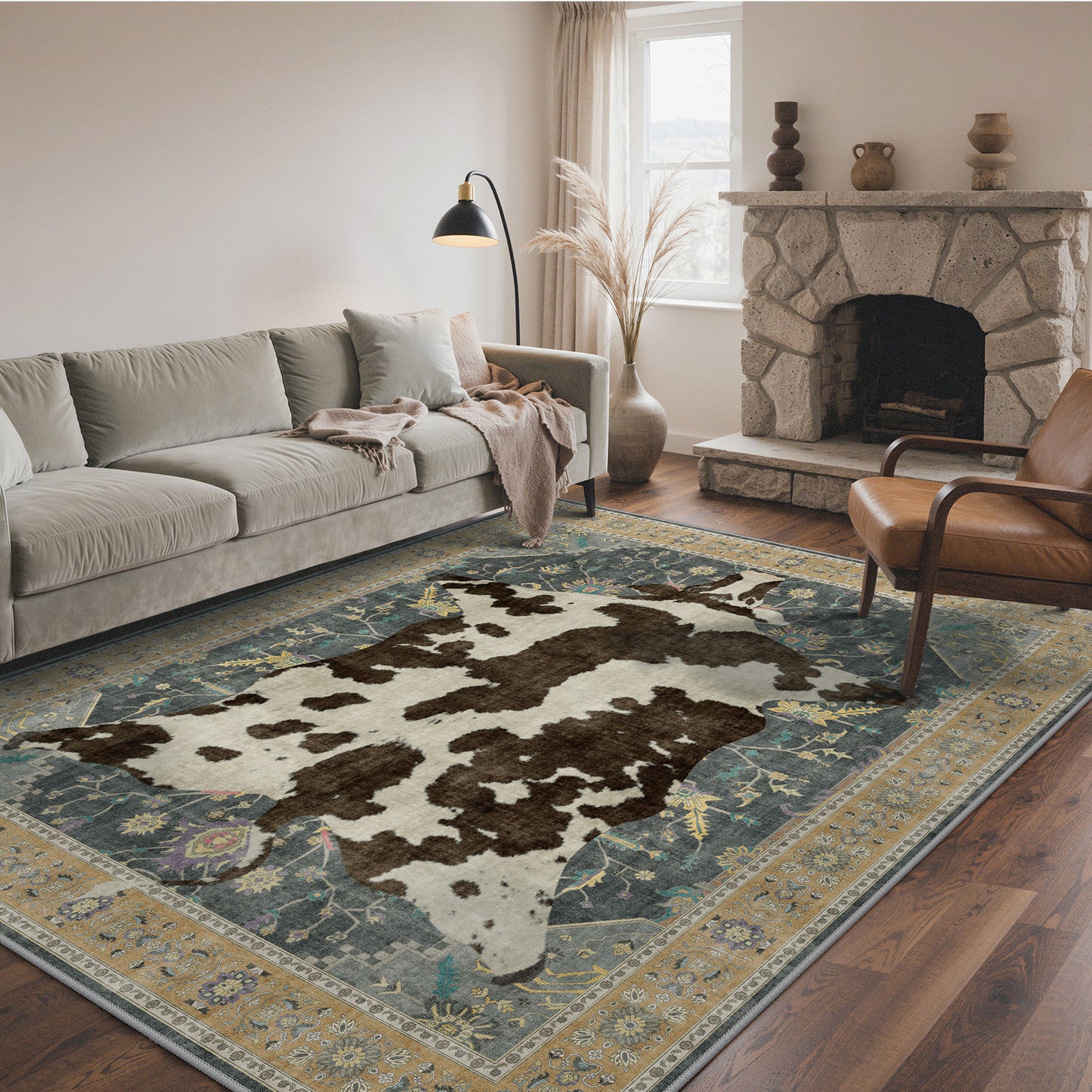 KUETH 5'x7' Cow Area Rugs for Living Room, Non Slip Machine Washable Vintage Boho Rug, Low Pile Print Rug for Bedroom Dining Room Home Office