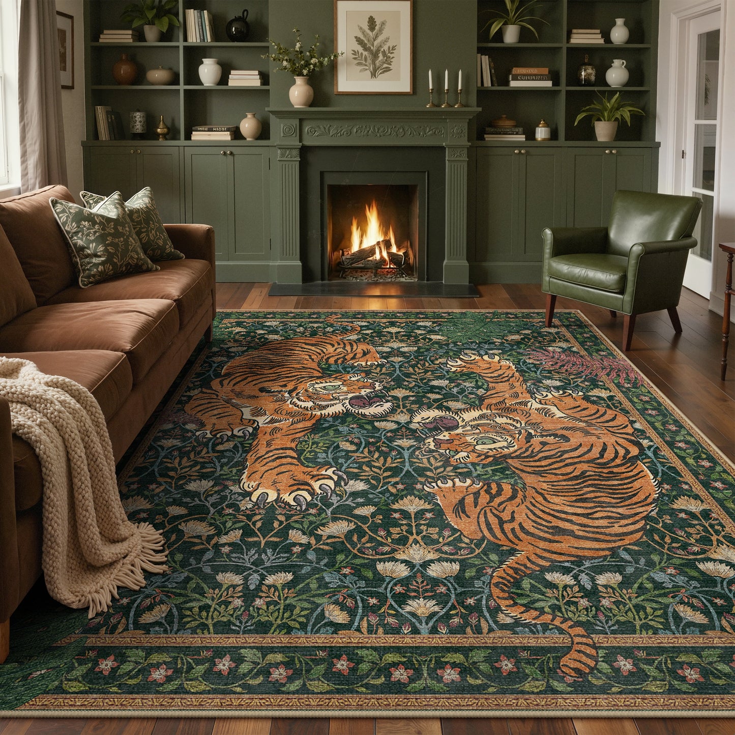KUETH 5'x7' Tiger Area Rugs for Living Room, Non Slip Machine Washable Vintage Boho Rug, Low Pile Print Rug for Bedroom Dining Room Home Office