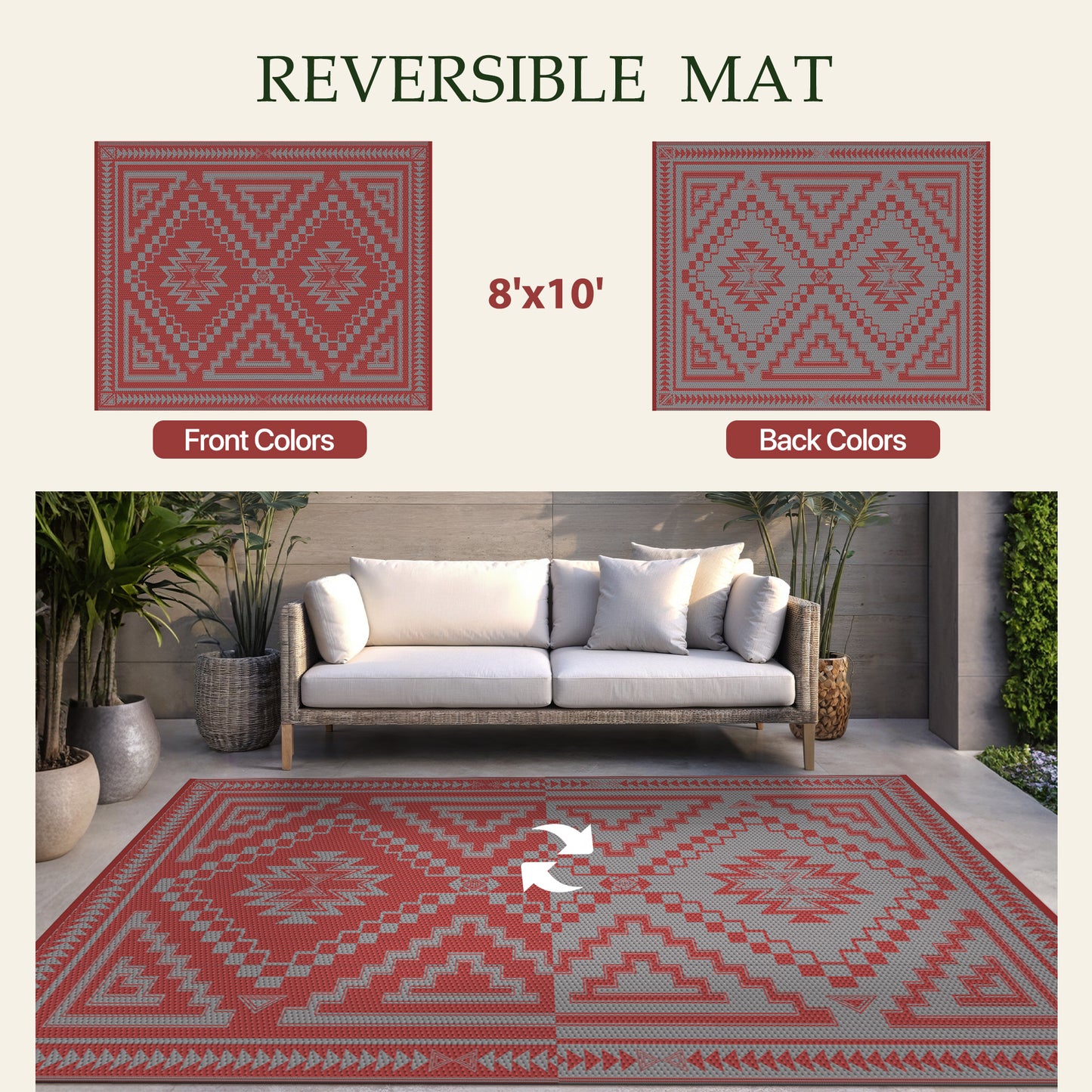 KUETH 8' x 10' Outdoor Rug Waterproof for Patio Carpet Plastic Reversible Straw Outdoor Rug for Camping Picnic Geometric Mat ,RED & GREY