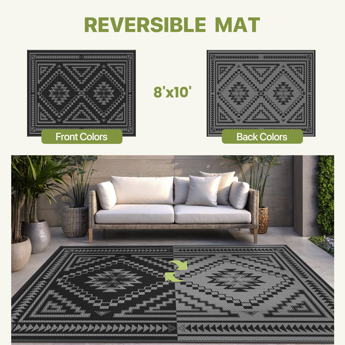 KUETH 8' x 10' Outdoor Rug Waterproof for Patio Carpet Plastic Reversible Straw Outdoor Rug for Camping Picnic Geometric Mat ,Black & Gray