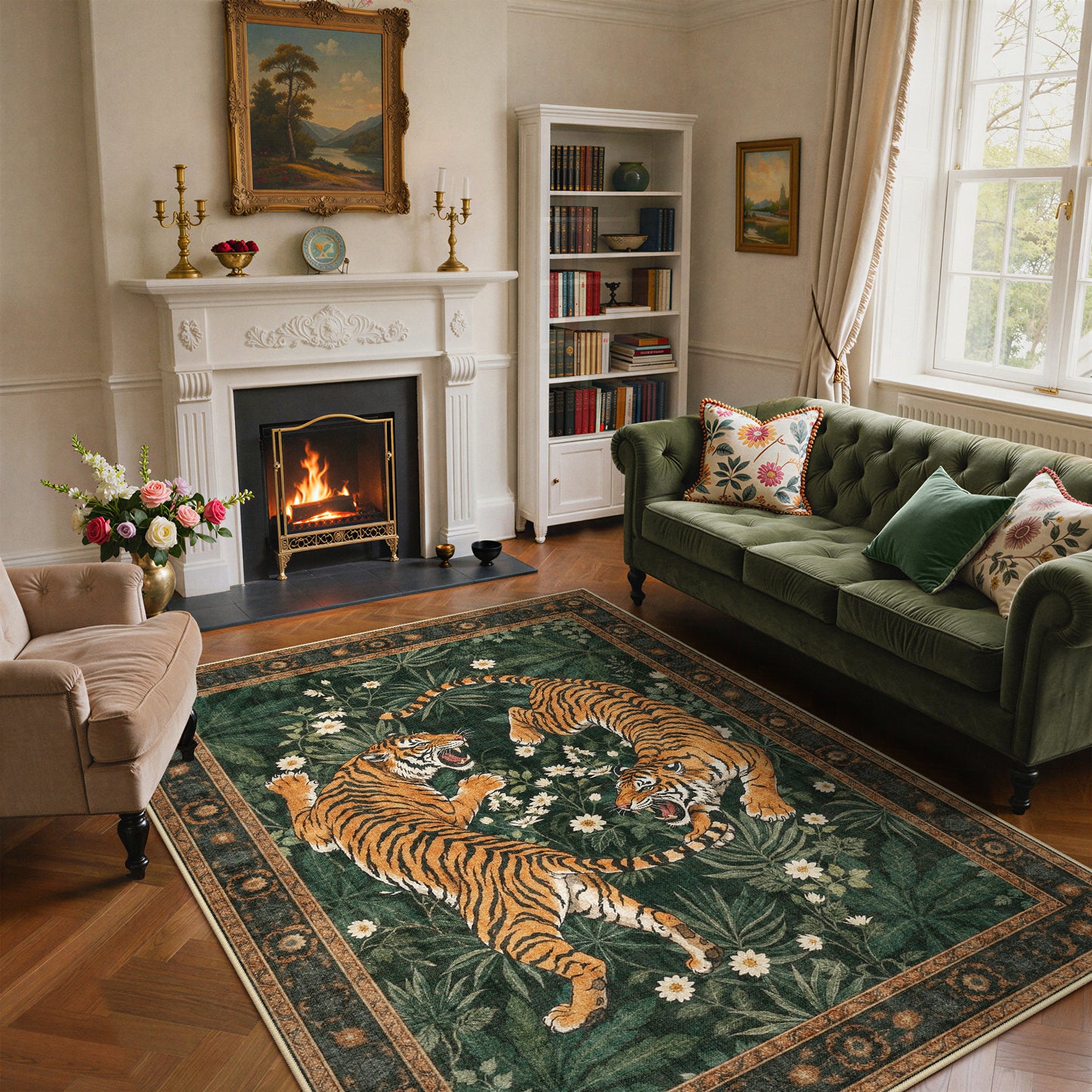 KUETH 5'x7' Tiger Area Rugs for Living Room, Non Slip Machine Washable Vintage Boho Rug, Low Pile Print Rug for Bedroom Dining Room Home Office