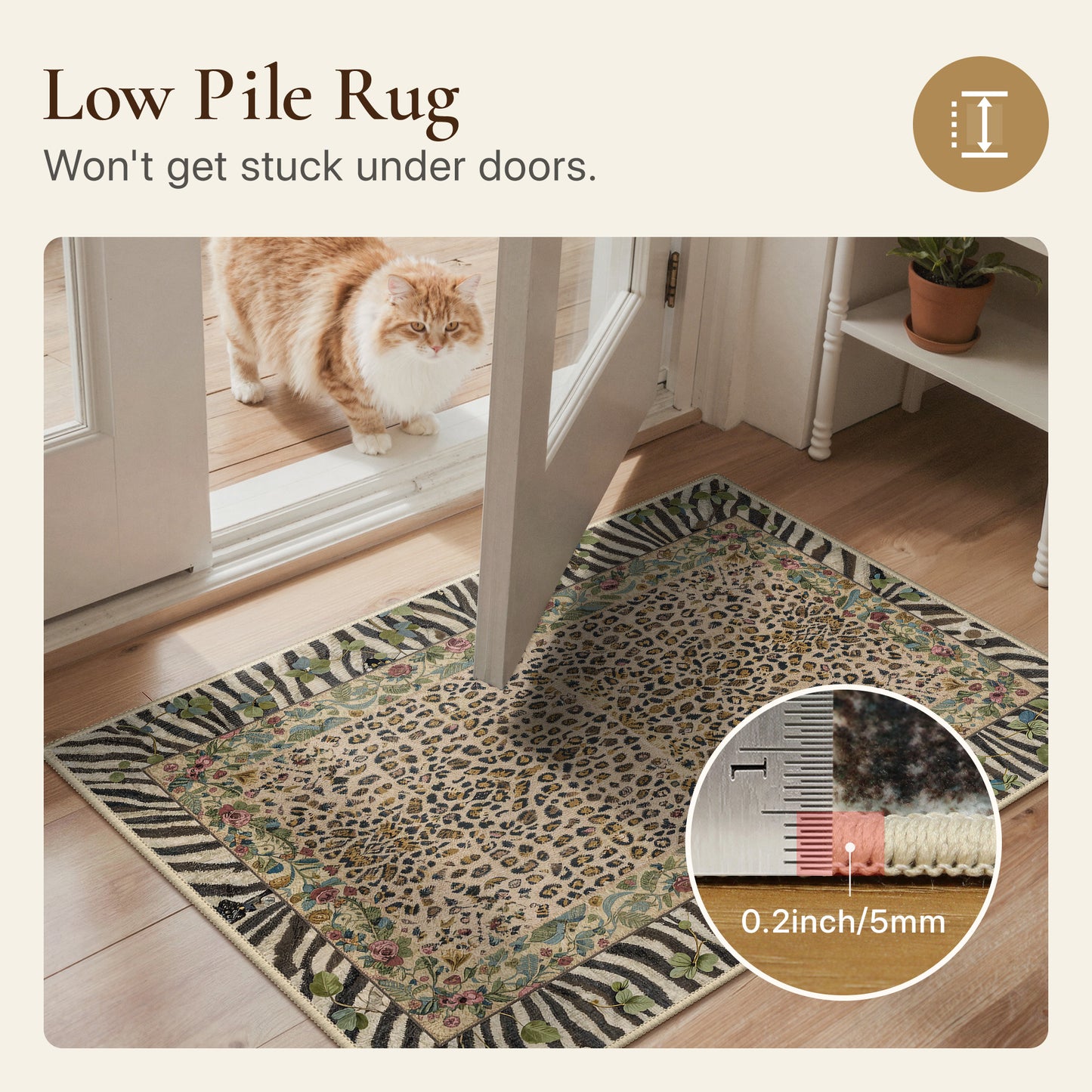 KUETH 8x10 Area Rugs for Living Room Non Slip Low Pile Lightweight Print Pattern, Machine Washable Indoor Rug for Bedroom Home Decor, Leopard Floral, Dusty Camel