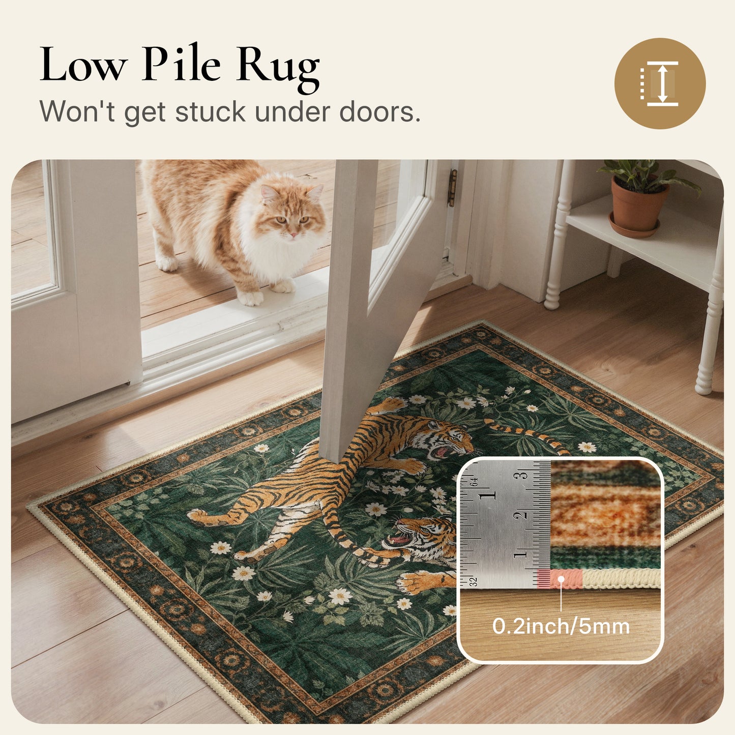 KUETH 5'x7' Tiger Area Rugs for Living Room, Non Slip Machine Washable Vintage Boho Rug, Low Pile Print Rug for Bedroom Dining Room Home Office