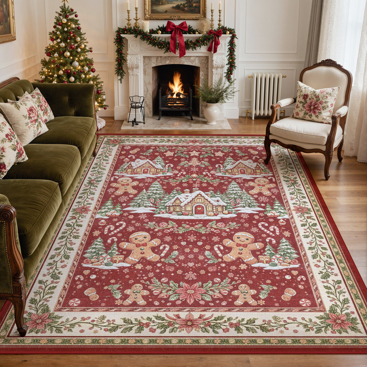 KUETH 8X10 Area Rugs Christmas Rug, Machine Washable Rug, Area Rugs for Livingroom, Printed Christmas Decor,Ultra-thin Non Slip Rug, Low Pile for Bedroom, Kitchen, Dinning room