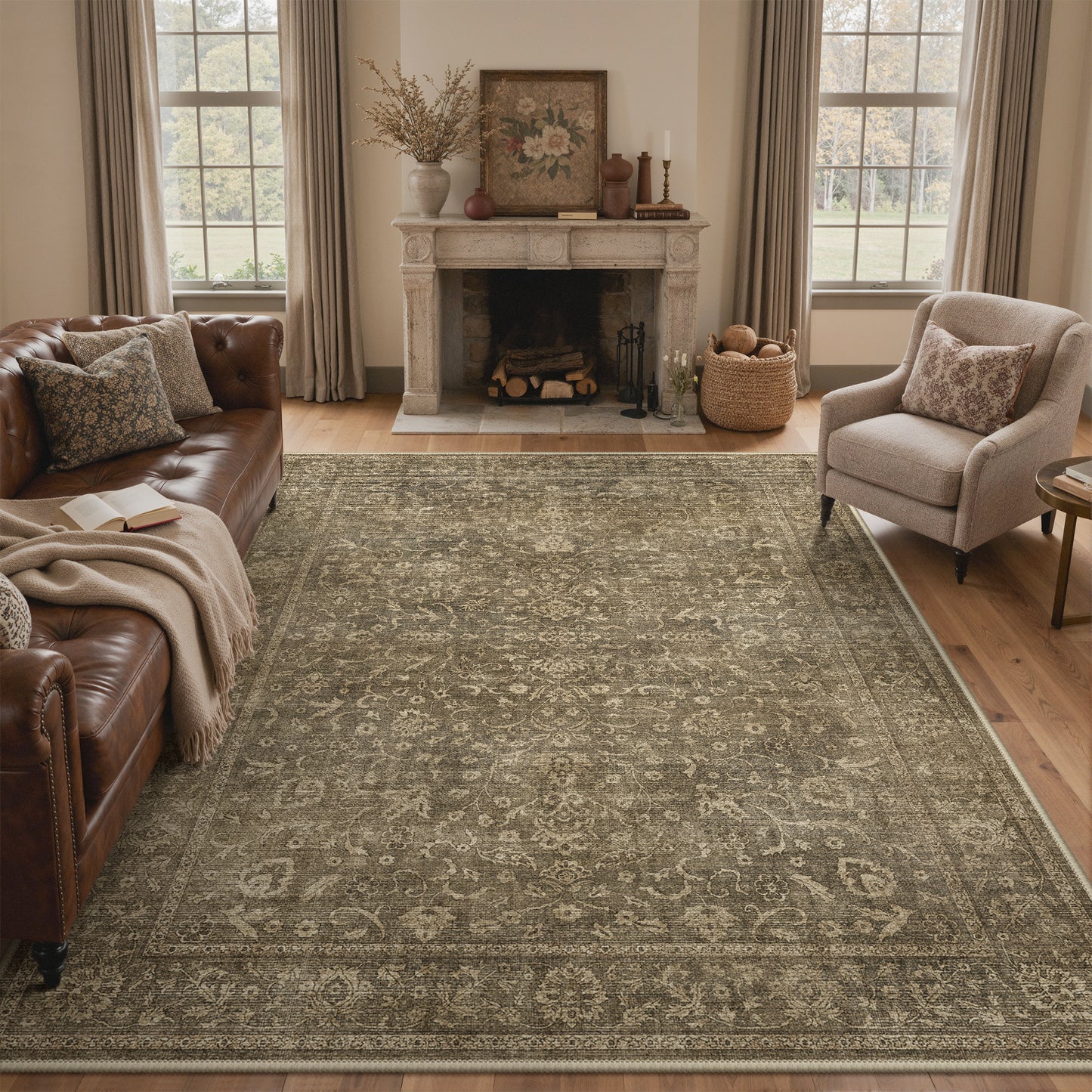 KUETH 8X10 Vintage Area Rugs Machine Washable Rugs for Living Room, Non Slip Flat Pile Rug with Rubber Backing, Boho Rug for Entryway Bedroom Dining Room Home Office