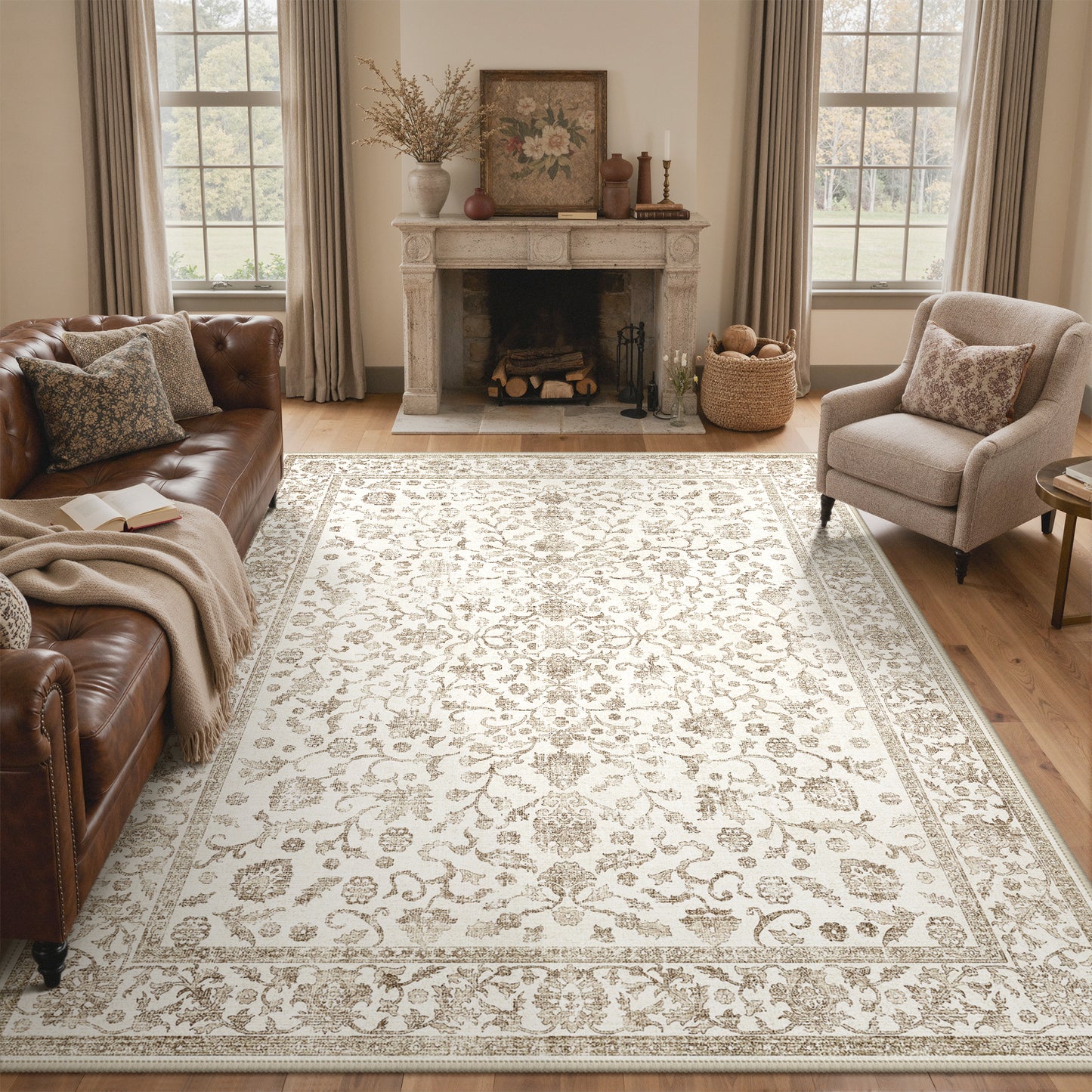 KUETH 8X10 Vintage Area Rugs Machine Washable Rugs for Living Room, Non Slip Flat Pile Rug with Rubber Backing, Boho Rug for Entryway Bedroom Dining Room Home Office
