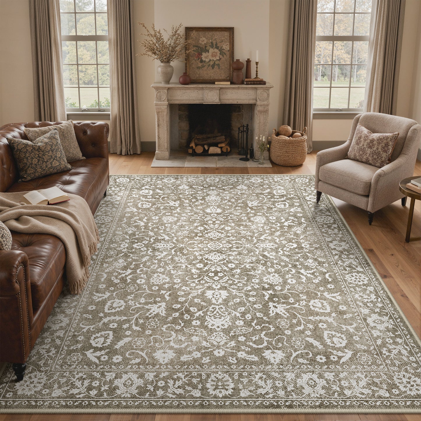 KUETH 8X10 Vintage Area Rugs Machine Washable Rugs for Living Room, Non Slip Flat Pile Rug with Rubber Backing, Boho Rug for Entryway Bedroom Dining Room Home Office