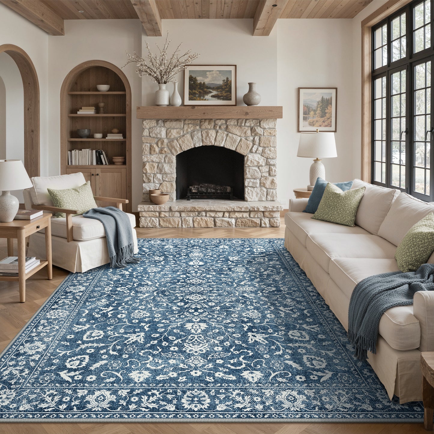 KUETH 8X10 Vintage Area Rugs Machine Washable Rugs for Living Room, Non Slip Flat Pile Rug with Rubber Backing, Boho Rug for Entryway Bedroom Dining Room Home Office