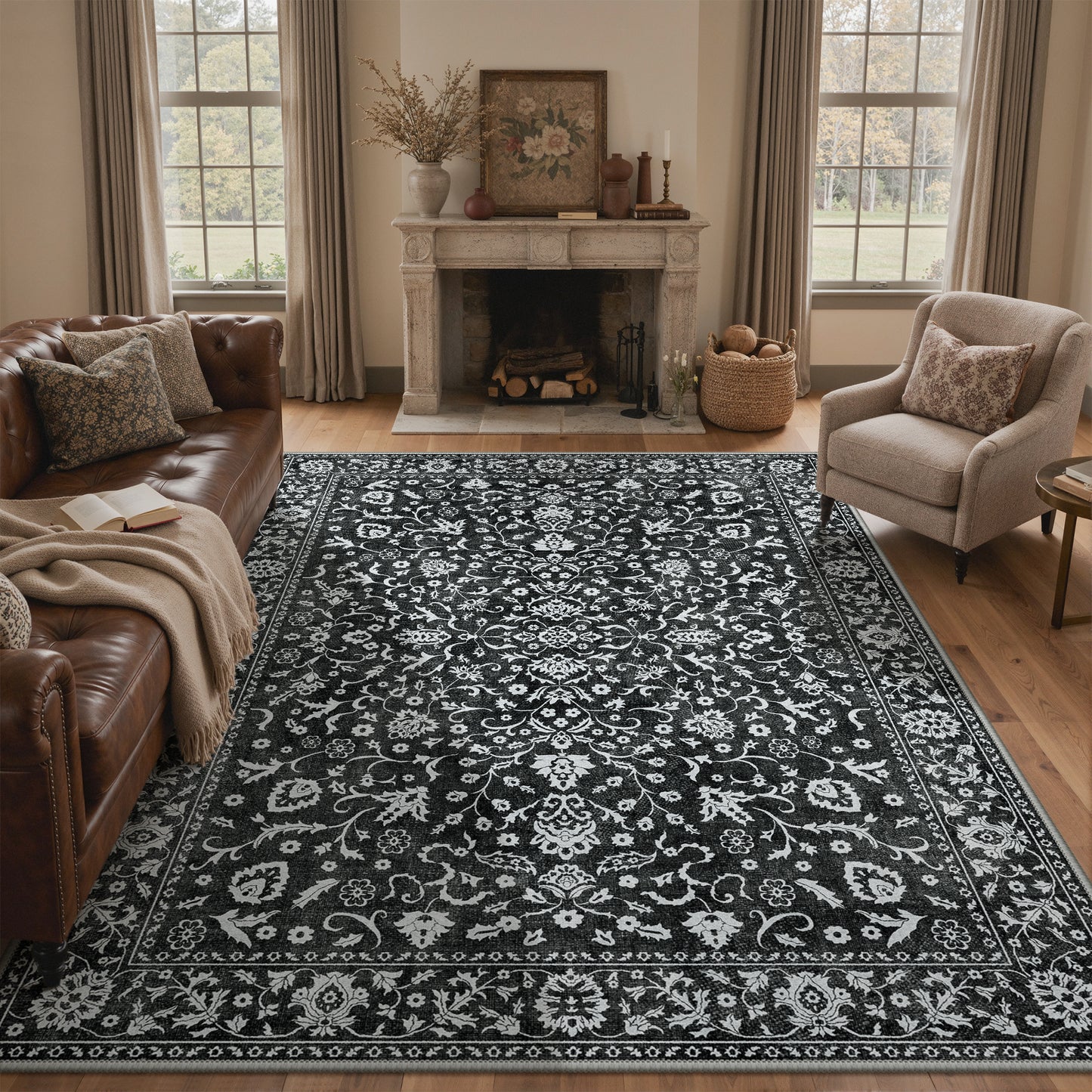 KUETH 8X10 Vintage Area Rugs Machine Washable Rugs for Living Room, Non Slip Flat Pile Rug with Rubber Backing, Boho Rug for Entryway Bedroom Dining Room Home Office